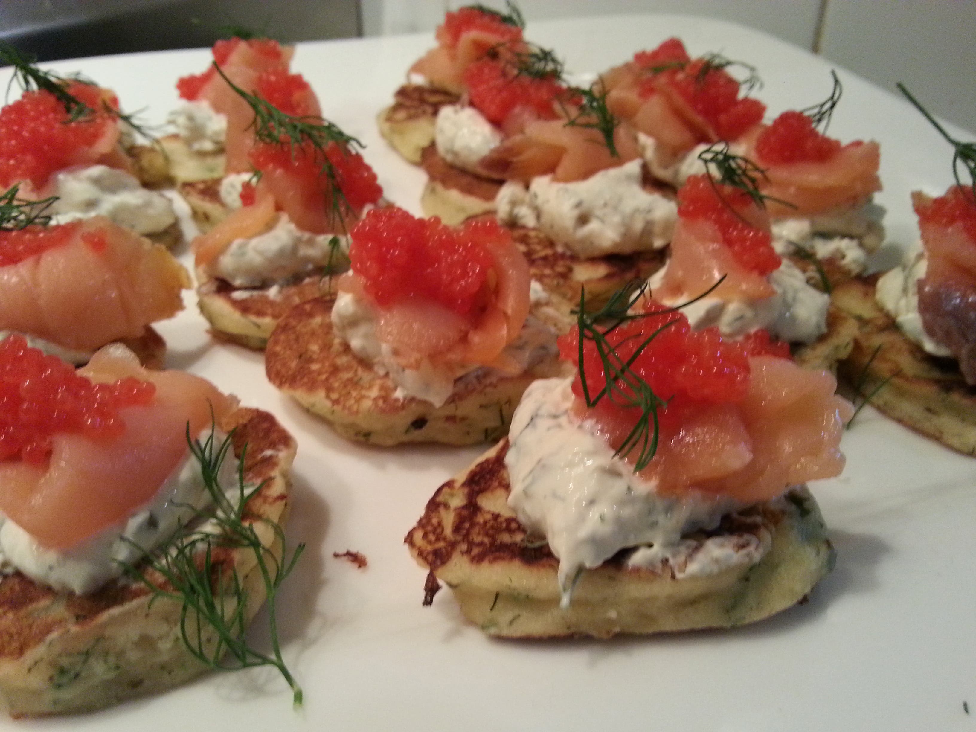 Dill Blini with Caper Crème Fraiche and Smoked Salmon