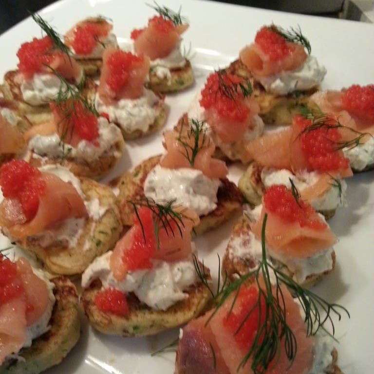 Dill Blini with Caper Crème Fraiche and Smoked Salmon